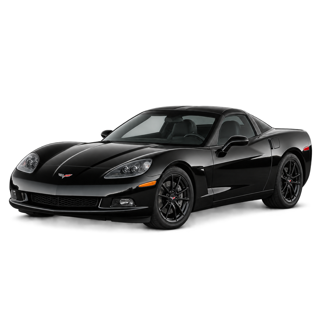 Illustration of a black C6 Corvette coupe with black wheels