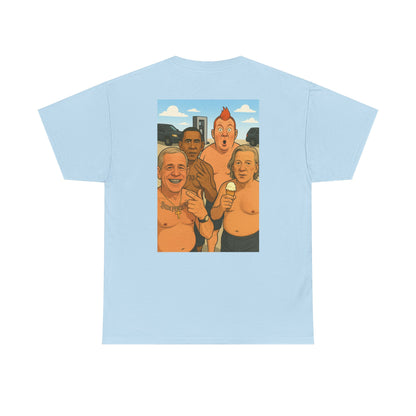 Graphic Tee — Retro Cartoon Beach Scene "World Famous" Crew Shirt