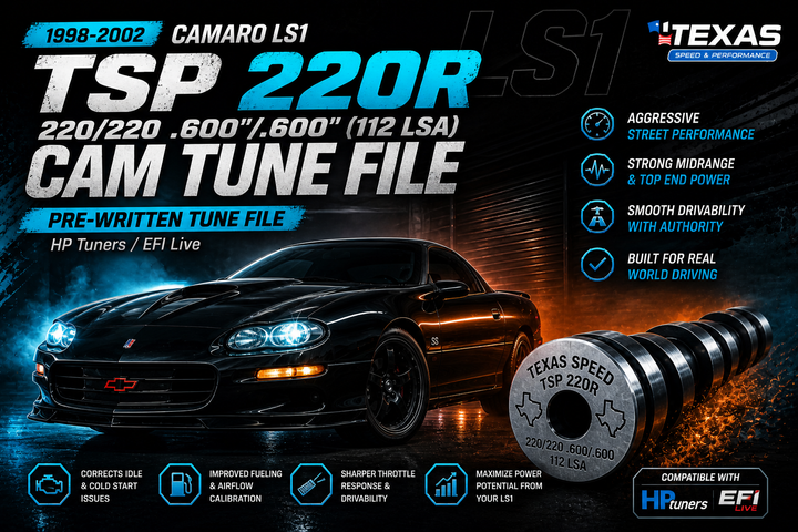 1998-2002 Chevy Camaro 5.7L LS1 TSP 220R Cam Tune File – 220/220 .600 Texas Speed Camshaft Tune – HP Tuners / EFI Live