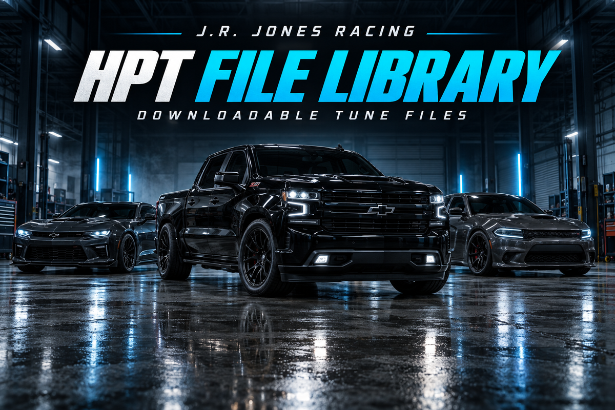 J.R. Jones Racing HPT File Library artwork with a black performance pickup and two muscle cars