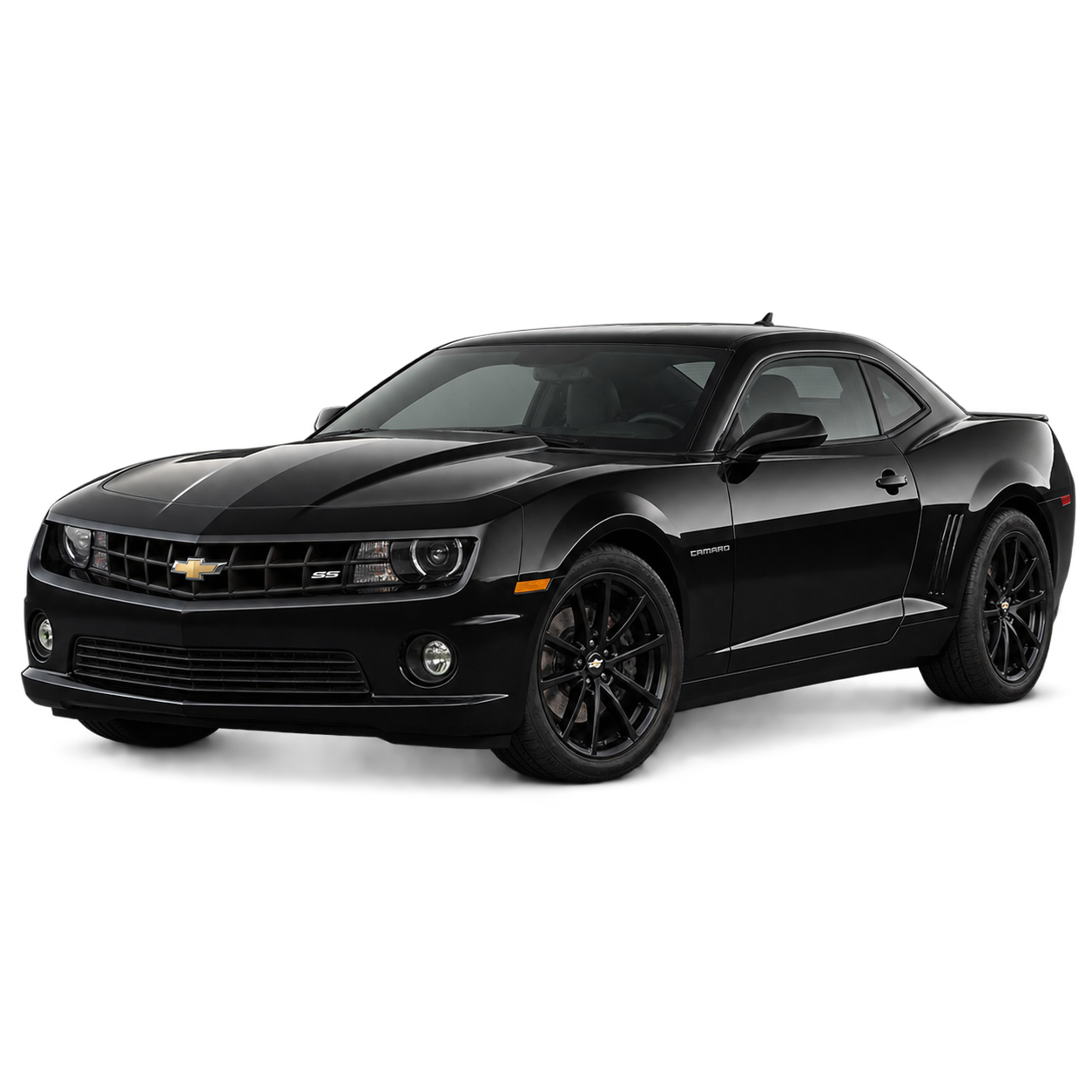 Illustration of a black fifth-generation Camaro SS coupe with black wheels